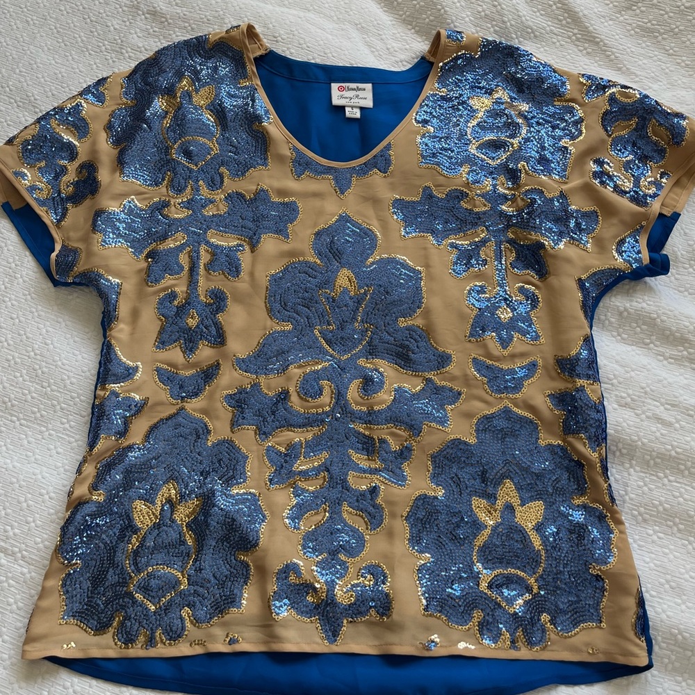 Sequin/ satin blue and cream blouse, can dress up with a pair of white pants!
